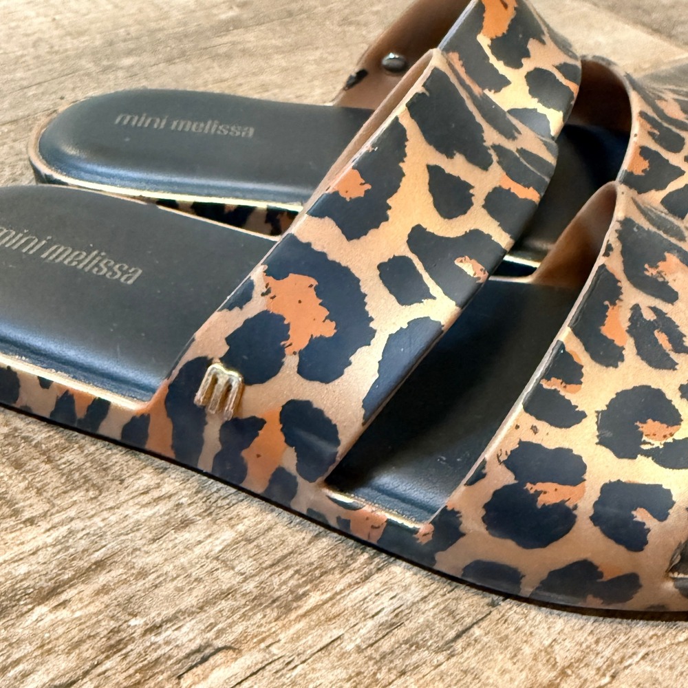 Mini Melissa Kids Leopard Print Double Strap Vegan Slide Sandals, Gold Black, 2 - Picture 2 of 9